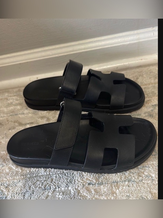 Hermes Shoes - Hermes Black Leather Two-Strap Slide Sandals
